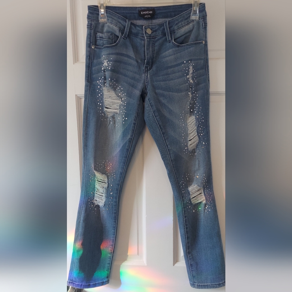 Bebe Embellished Jeans Women's Blue Distressed Skinny Jeans